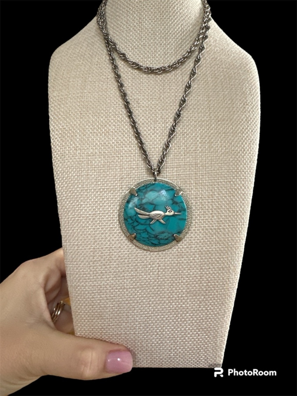 Vintage Bell Trading Post Roadrunner Necklace Faux Turquoise Nickel Silver